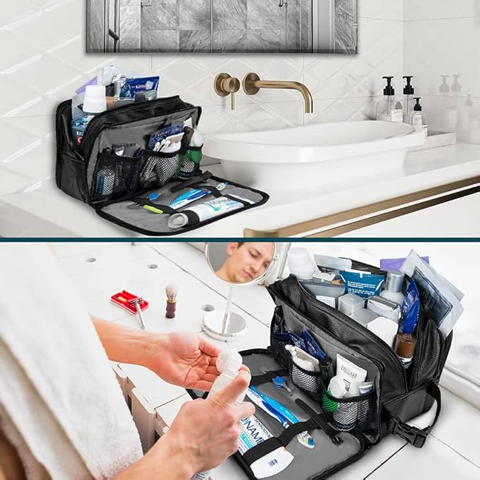 PAVILIA Toiletry Bag for Men, Travel Toiletries Bag | Water-resistant Dopp Kit, PU Leather Shaving Pouch Organizer for Accessories, Cosmetic, Hygiene, Grooming Essentials (Black)