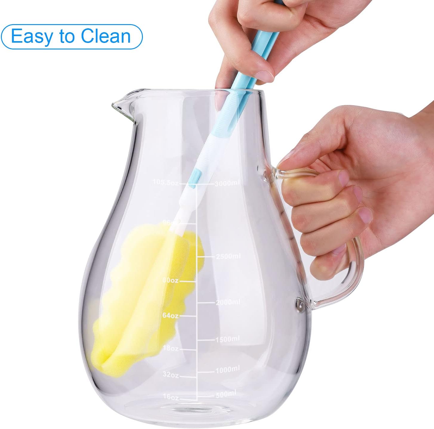 Glass Pitcher, Glass Water Pitcher with Tight Stainless Steel Lid, 105.5oz/3L, Heat Resistant Borosilicate Glass Carafe, Long Handle Cleaning Brush and Mixing Spoon, Temperature Safe