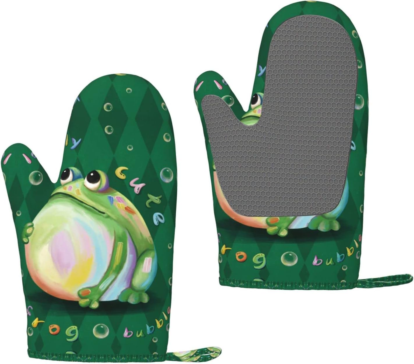 Cute Frog Oven Mitts and Pot Holders Sets of 2,Resistant Recycled Infill Silicone Non-Slip BBQ Gloves for Kitchen,Cooking,Baking,Grilling
