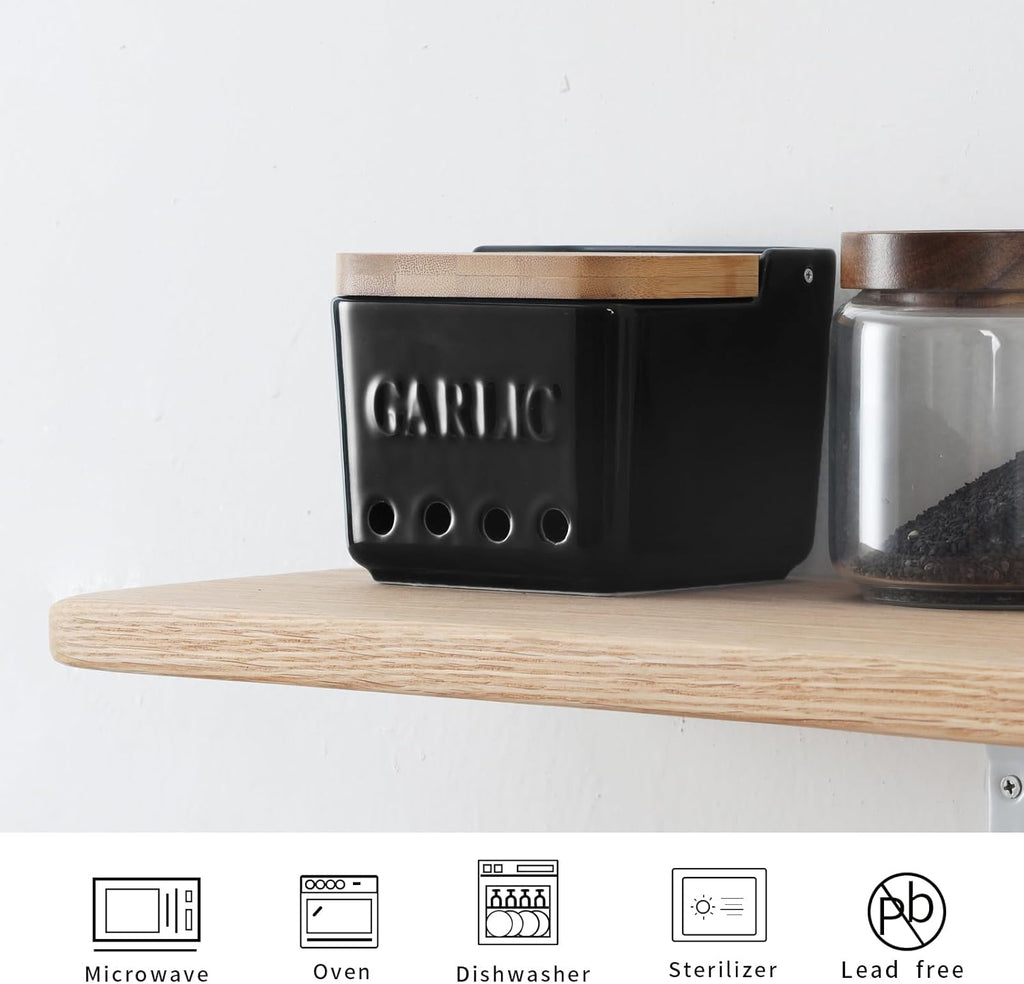 ONTUBE Garlic Keeper with Lid, Ceramic Garlic Holder Storage, Garlic Container for Kitchen, Garlic Saver to Keep Your Garlic Cloves Fresh Longer 4.7-Inch, Black