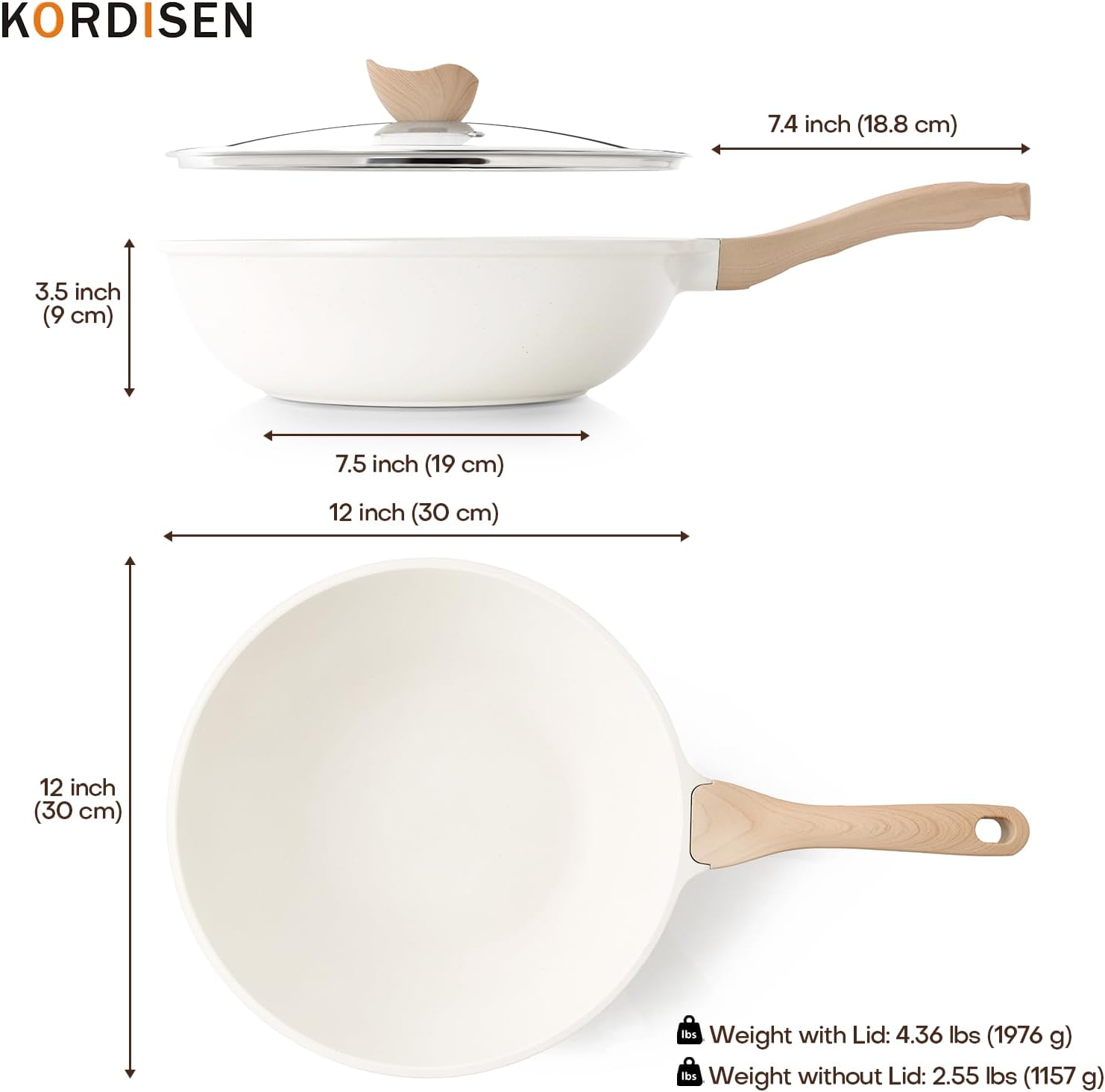 Nonstick Wok with Lid, 12 Inch Woks & Stir-fry Pans, Healthy Coating Induction Cookware, Compatible with All Stovetops, PFOA Free (Cream White)