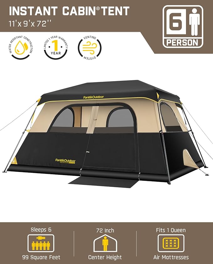 FanttikOutdoor Instant Cabin Tent 6/8/10/12 Person Camping Tent Setup in 60 Seconds with Rainfly & Windproof Portable with Carry Bag for Family Camping & Hiking, Upgraded Ventilation, Khaki