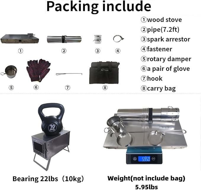 DANCHEL OUTDOOR S6/SSG Folding Camping Stove, 304 Stainless Steel Wood Burning Stove with 7.2ft Chimney, Portable Hot Tent Stove Solo Camping Survival Backpacking, Lightweight & Compact Design