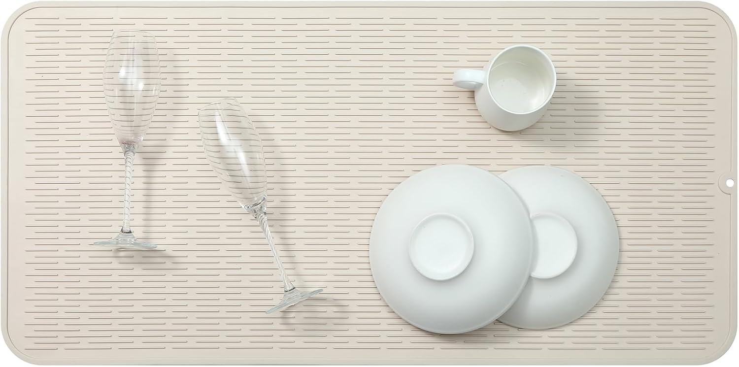 Silicone Dish Drying Mat for Multiple Usage,Easy clean,Eco-friendly,Heat-resistant Silicone Mat for Kitchen Counter or Sink,Refrigerator or Drawer Liner Tapioca 5XL 36inches x 18inches