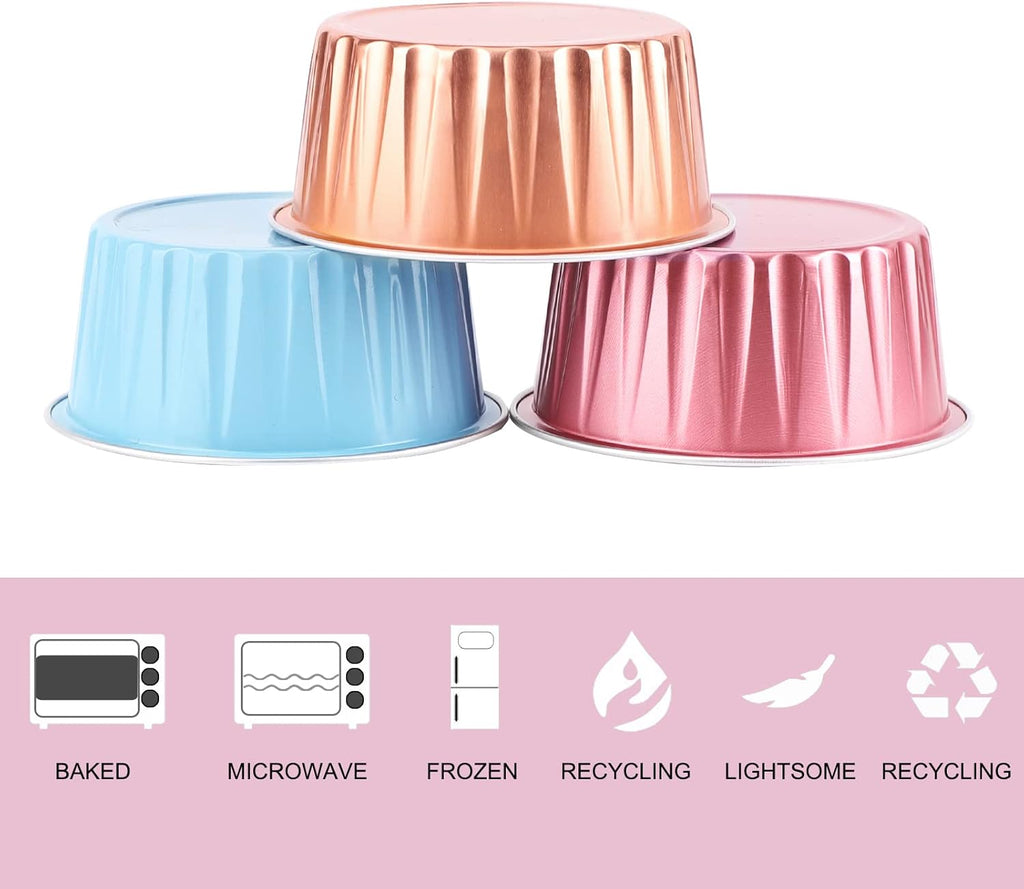 EUSOAR Baking Cups Aluminum Foil, 5oz Pack of 30 Blue Red Rose Gold Cupcake Cups with Lids, 125ml Pie Ramekins, Desserts Flans, Custard Cake Pudding Cups, Catering Party Favor