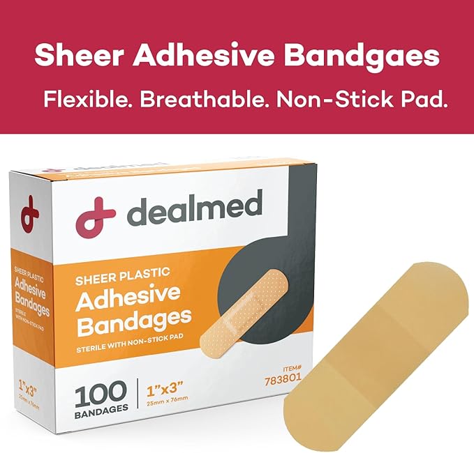 Dealmed Sheer Plastic Flexible Adhesive Bandages – 100 Count (1 Pack) Bandages with Non-Stick Pad, Latex Free, Wound Care for First Aid Kit, 1" x 3"