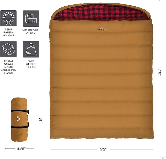 Teton Mammoth Queen Size Double Sleeping Bag- A Warm Bag The Whole Family can Enjoy – Great for Camping, Hunting and Base Camp. Compression Sack Included