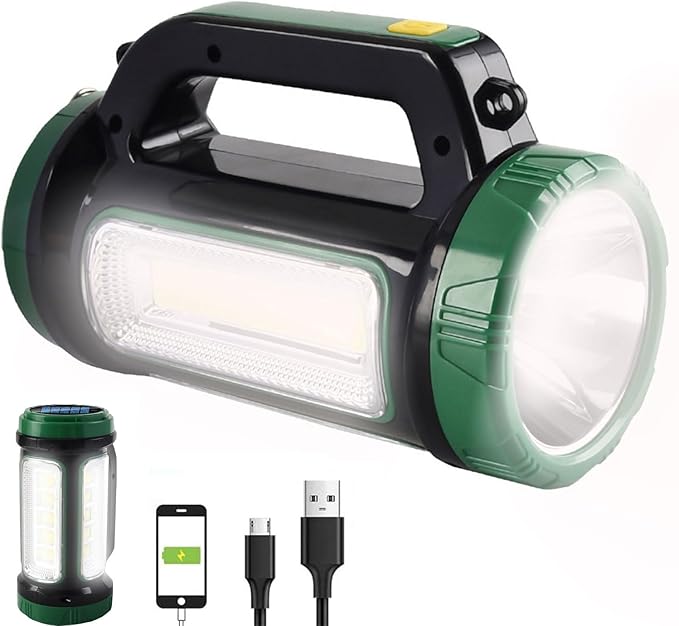 LED Searchlight Spotlights Lantern, Solar Rechargeable Super Bright 10000LM Handheld LED Flashlight, Multifunction Camping Lantern Work Light, 6 Light Modes, Waterproof, Power Bank