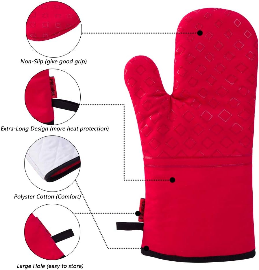 Set of 4 Oven Mitts and Pot Holders, 482 F Heat Resistant Hot Plate Moving Non-Slip Gloves for BBQ, Grill, Baking, Cooking, Oven, Microwave (Red)