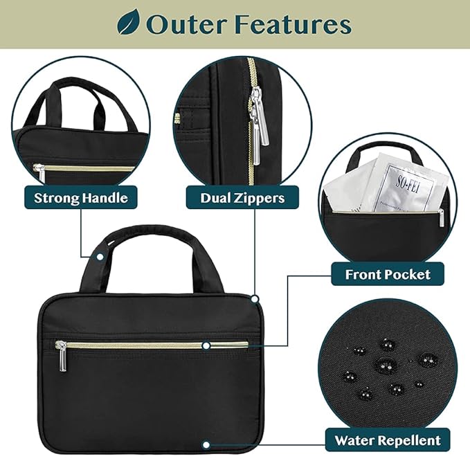 PAVILIA Hanging Toiletry Bag Travel Bag Women Men, Foldable Cosmetic Organizer, Roll up Makeup Bag, Water Resistant Accessories Toiletries, Large Travel Essentials Kit (Black Gold)