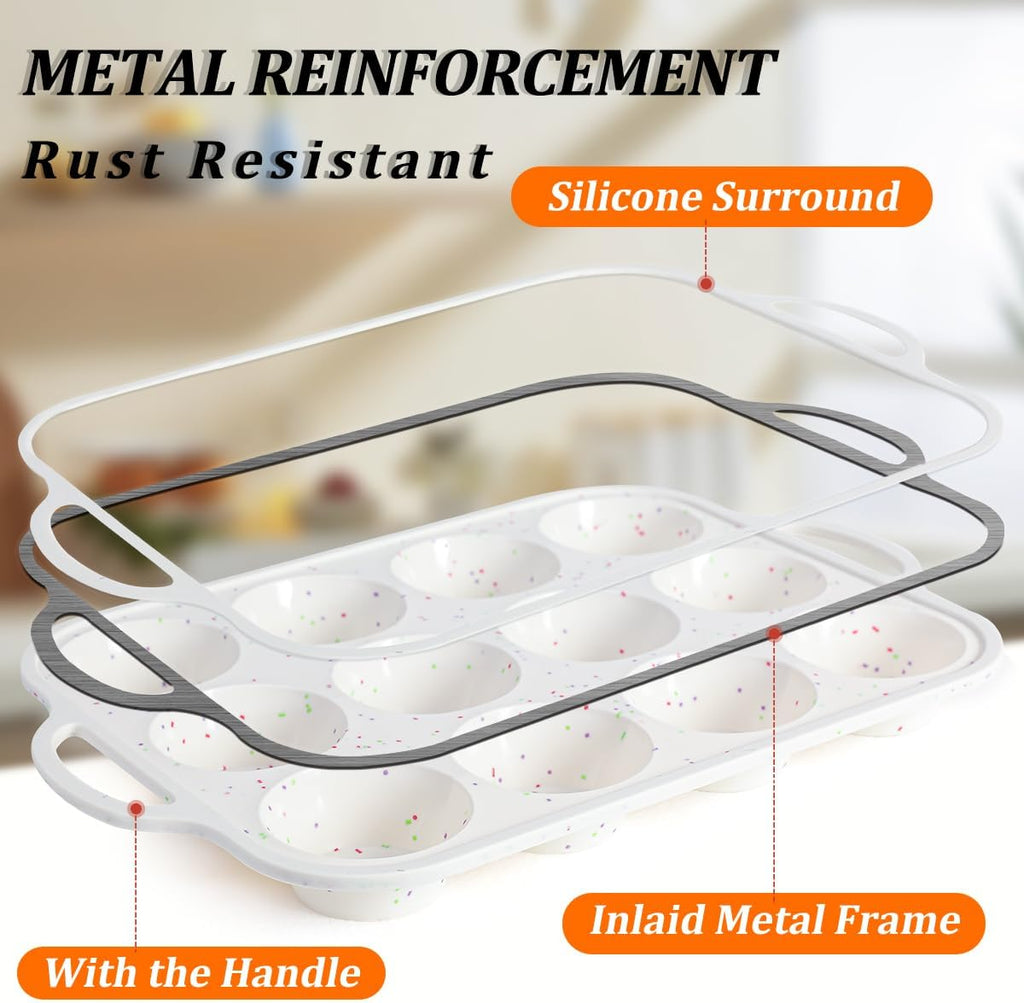 Silicone Muffin Pan, with Metal Reinforced Frame 2.8 Inch Regular Size Silicone Cupcake Pan Nonstick 12 Cups for Baking Homemade Muffins, Cupcakes, Egg Bites 2 Pack Dishwasher Safe BPA Free