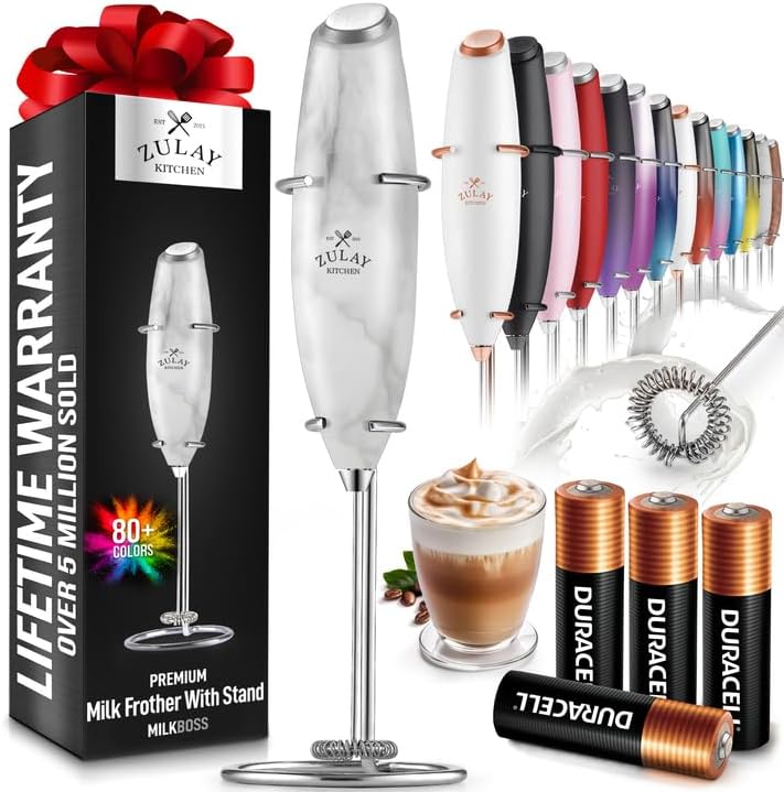 Zulay Kitchen Powerful Milk Frother Wand With 4 AA Duracell Batteries - Ultra Fast Handheld Drink Mixer - Electric Whisk Foam Maker for Coffee, Lattes, Cappuccino, Matcha & Creamer -