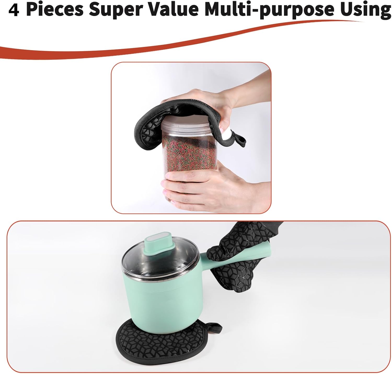 Oven Mitts and Pot Holders,500 ℉ Heat Resistant Oven Mitts Sets,Silicone Oven Gloves, Non-Slip Silicone Textured Grip,Black