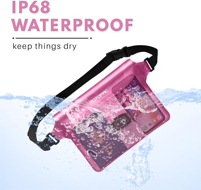 2-Pack Waterproof Fanny Pack, Phone Pouch with Waist Strap, 9x6.7 Inch Dry Bag for Phone, Cash, and Valuables – for Swimming, Kayaking, Boating, Snorkeling, and Water Sports (2, Pink + Grey)