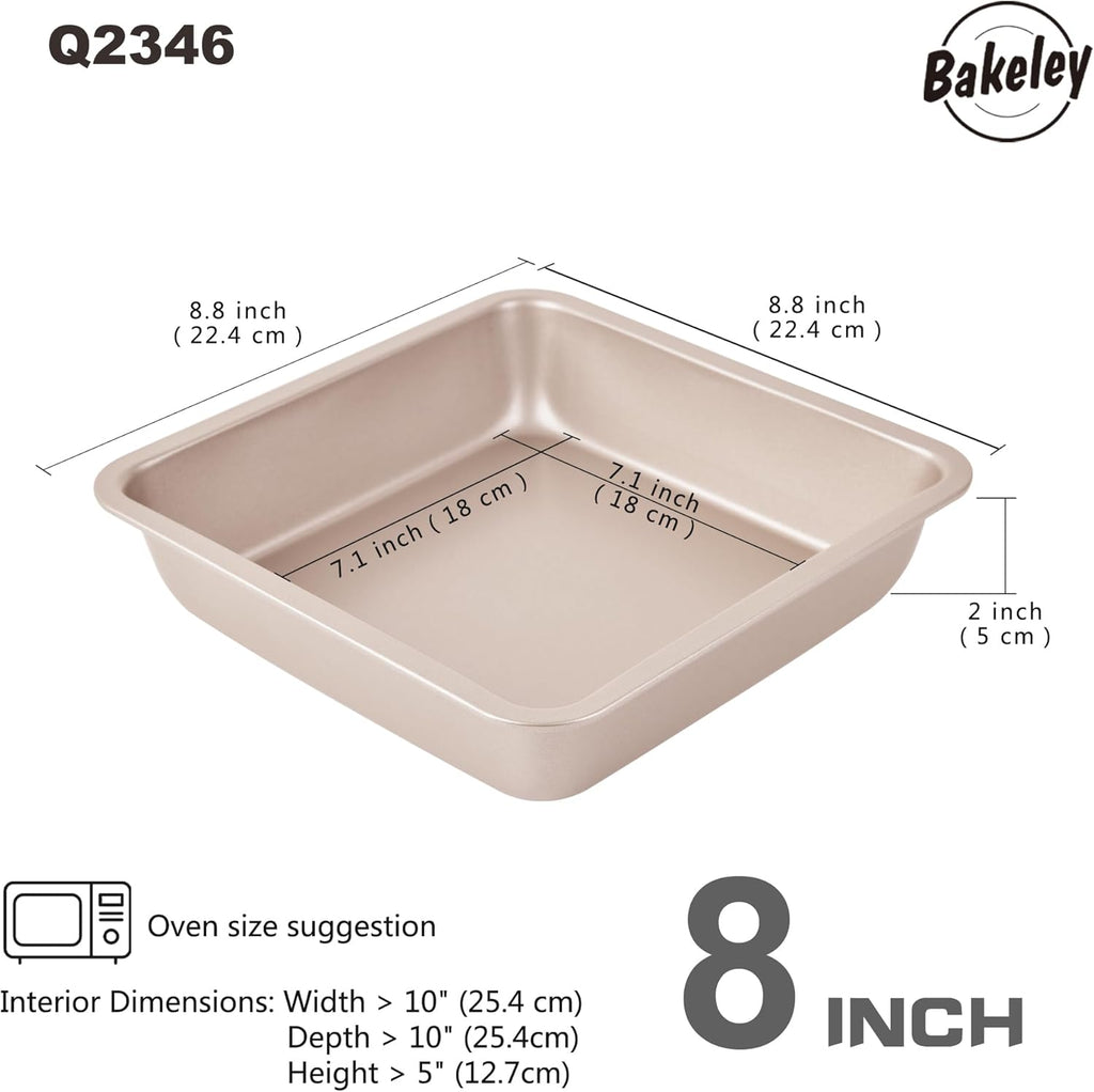 8 inch square cake pan (Set of 2), 8 inch square baking pan, 8 in square pan, Non-stick carbon steel, 8'' Brownie Pan and Loaf Pan (Champagne Gold)