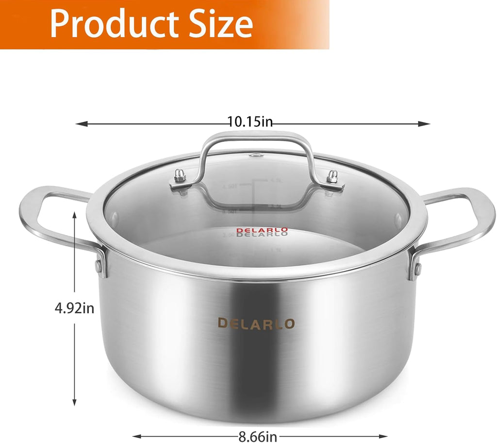 DELARLO Tri-Ply Stainless Steel Stock Pot, 5 Quart Stockpot with Lid, All Stoves Safe Up to 600℉, Saving Fuel 20%, Heavy Duty, Soup Pot with lid, Kitchen Essentials, Fast Even Heat