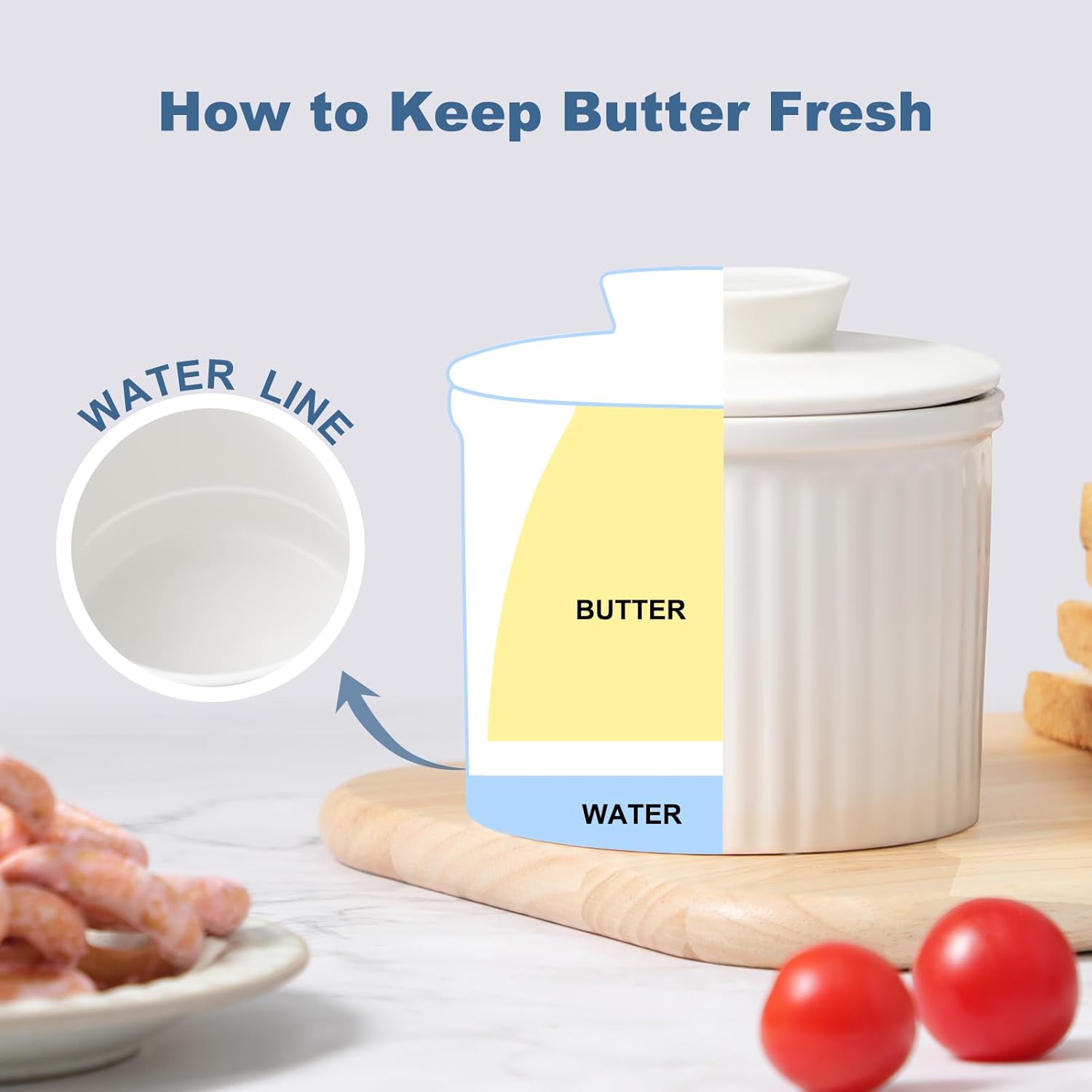Large Butter Crock Bell for Counter with Water Line, Butter Keeper, Ceramic French Butter Dish Holder for Fresh Spreadable Soft Butter (White, 8 Ounce)