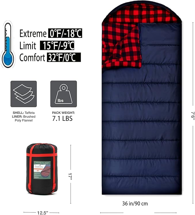0 Degree Sleeping Bag Cotton Flannel Sleeping Bags for Adults Cold Weather Camping Winter Zero Degree Warm Weather Big and Tall