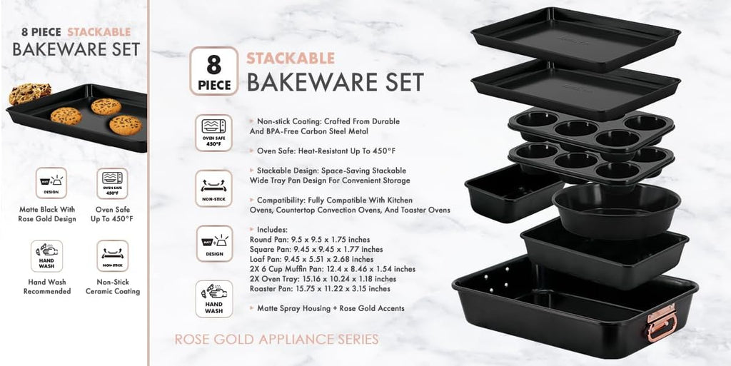 Nonstick Ceramic Bakeware Set – 8 Piece Baking Pans Set, Oven Safe to 450°F, Includes Muffin Pans, Cookie Sheets, Loaf, Roaster, Round & Square Pans, BPA-Free