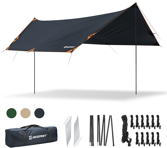 Bessport Camping Tarp, 169.8FT with 2 Poles, Lightweight Car Awning Sunshade, Portable Multifunctional Backpacking Rain Fly Hammock for Outdoor, Traveling
