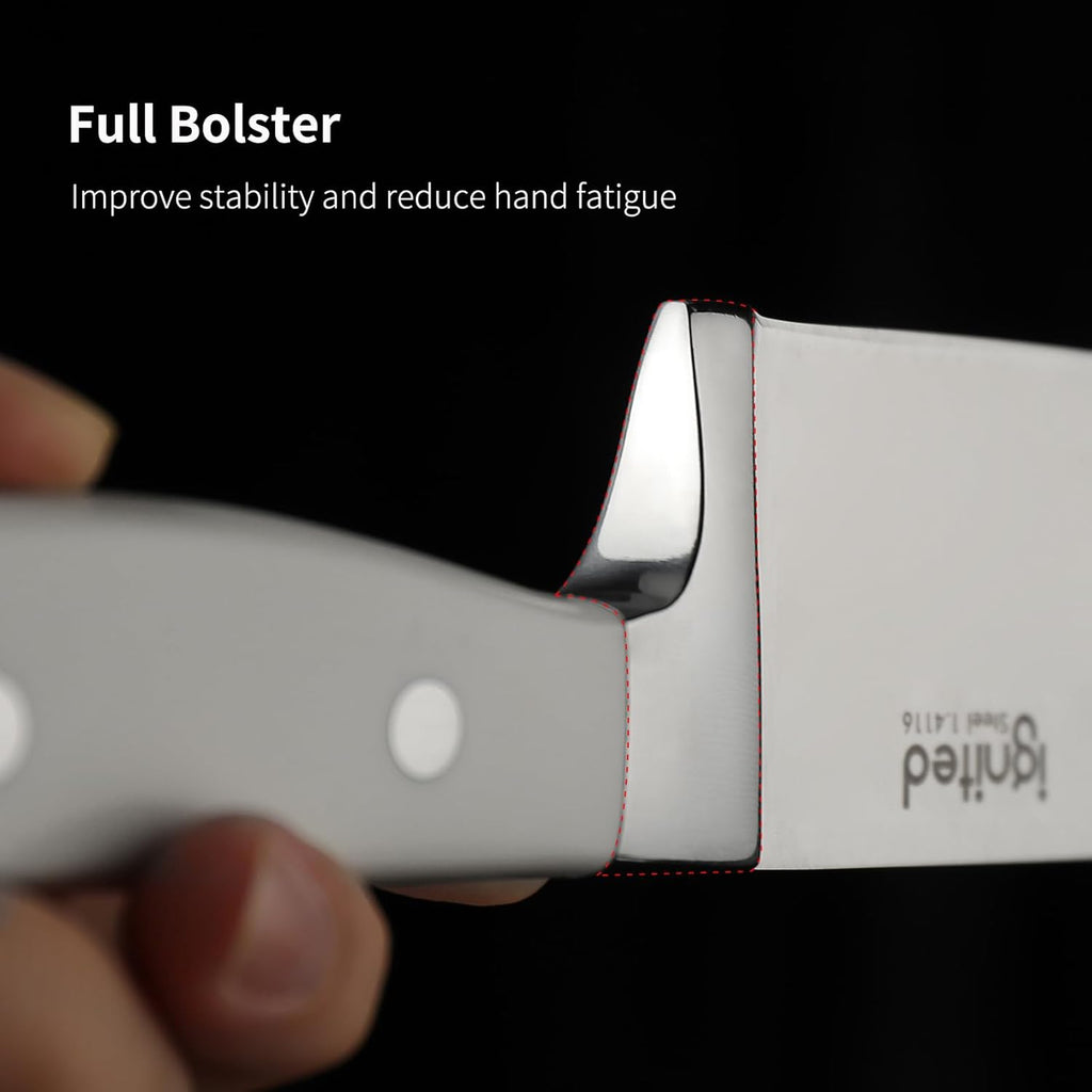 8 inch Chef Knife, High Carbon 1.4116 German Steel Kitchen Knife, Ultra Sharp Chefs Knife with Beautiful White ABS Handle, Professional Cooking Knife with Luxury Gift Box