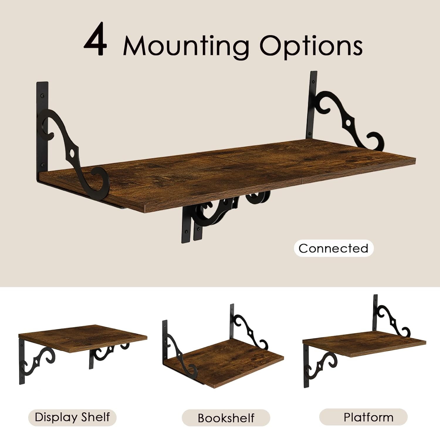 DINZI LVJ Deep Floating Shelves, 16" W x 12" D Wall Shelves Set of 2, Wide Display Shelf Wall Mounted with Brackets, Easy-to-Install Wall Bookshelf for Living Room, Bathroom, Bedroom, Rustic Brown