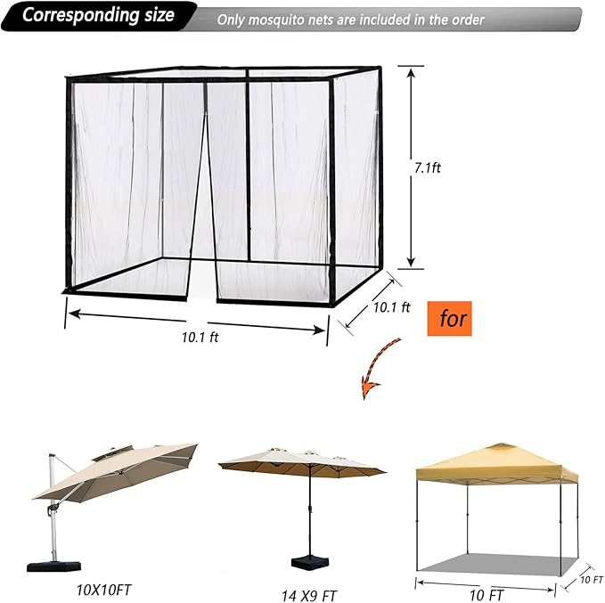 10x10 Mosquito Netting for Patio Camping Gazebo/Pop Up Canopy Tent,Double Door Side Screen Easy Installation Black（Only Mosquito Net No Frame） (Around 10x10FT)