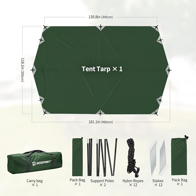 Bessport Camping Tarp, 169.8FT with 2 Poles, Lightweight Car Awning Sunshade, Portable Multifunctional Backpacking Rain Fly Hammock for Outdoor, Traveling
