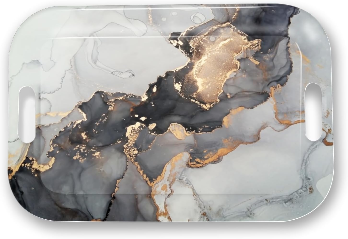 Serving Trays with Handles, 14.5 x 9.8 inch Rectangular Plastic Tray for Restaurant, Kitchen, Gray and Golden Marble