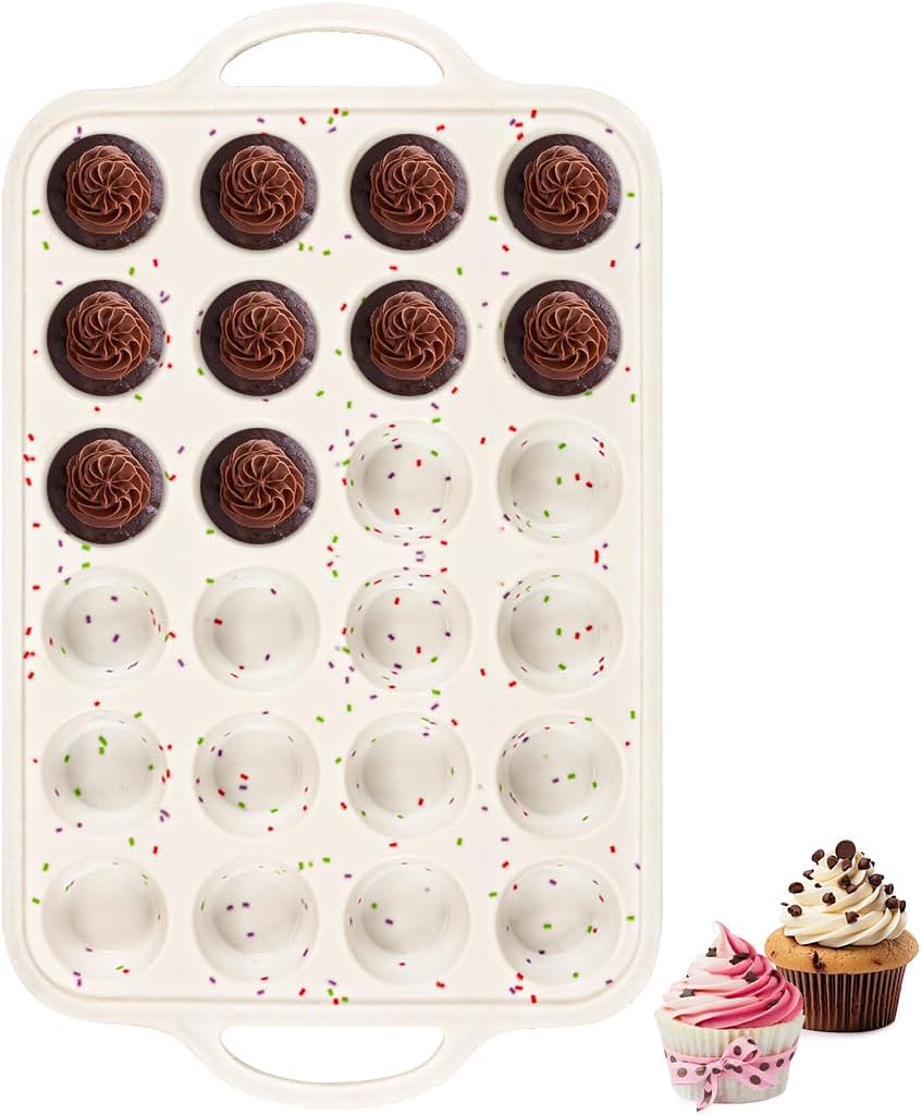 Silicone Mini Muffin Pan With Metal Reinforced Frame - 24 Cups Durable Silicone Cupcake Pan for Muffin, Cupcakes, BPA Free and Dishwasher Safe - 1 Piece Beige with Rainbow Spots