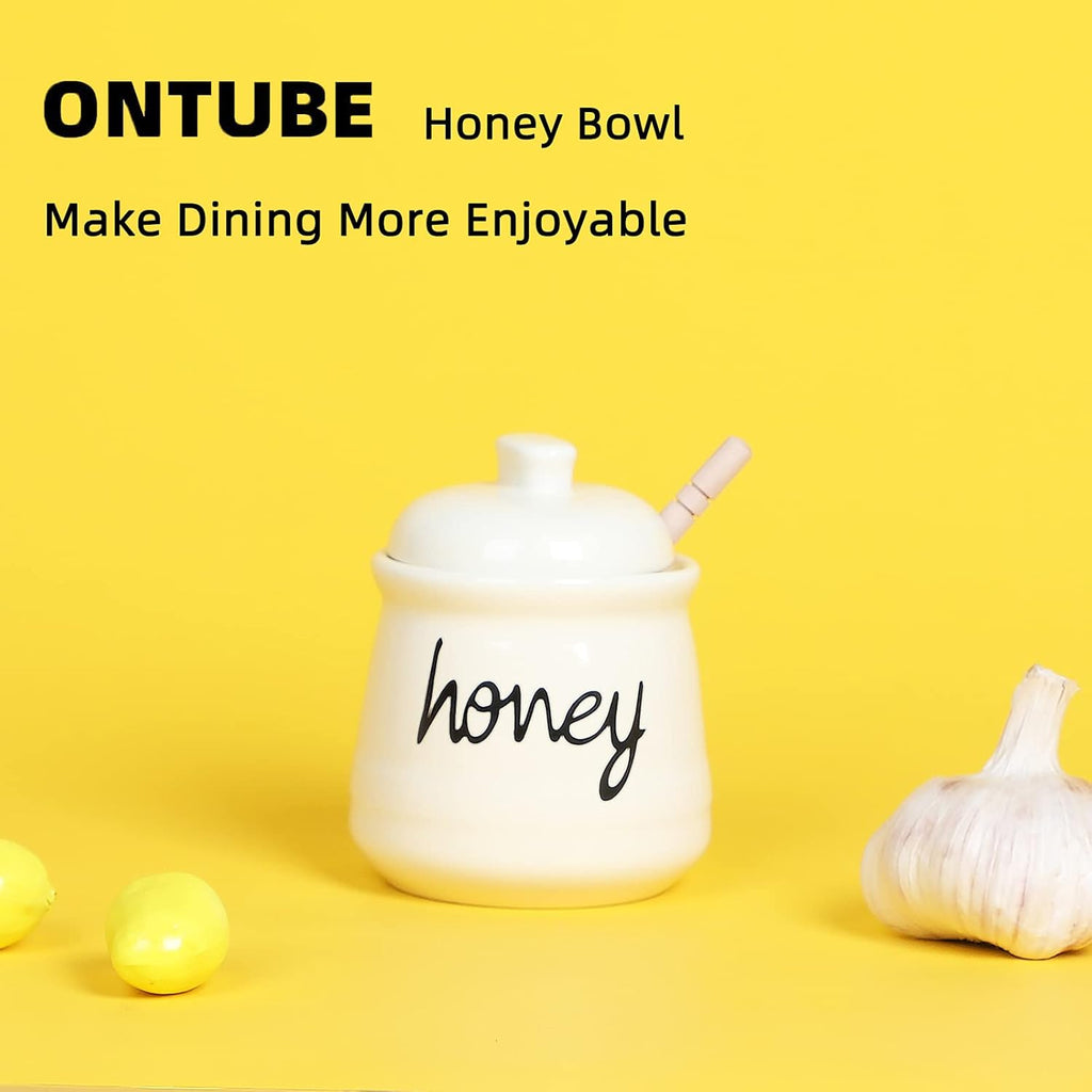 Honey Jar with Dipper and Lid, Ceramic Honey Pot 12oz, Beige