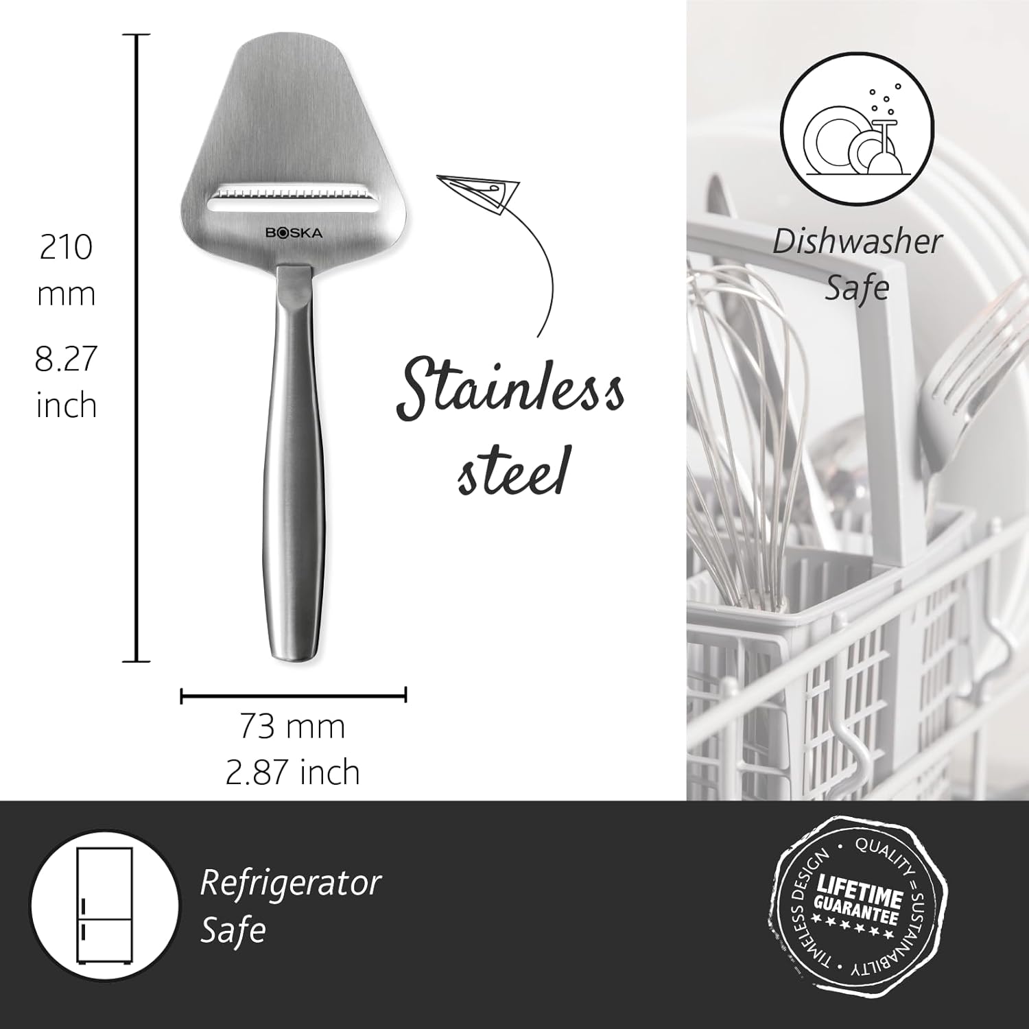 Boska Stainless Steel Cheese Slicer - Copenhagen For All Types of Cheese - Multi-Functional Cheese Slicer - Handheld Slicer - Silver Non-Stick - Dishwasher Safe - For Kitchen Cooking