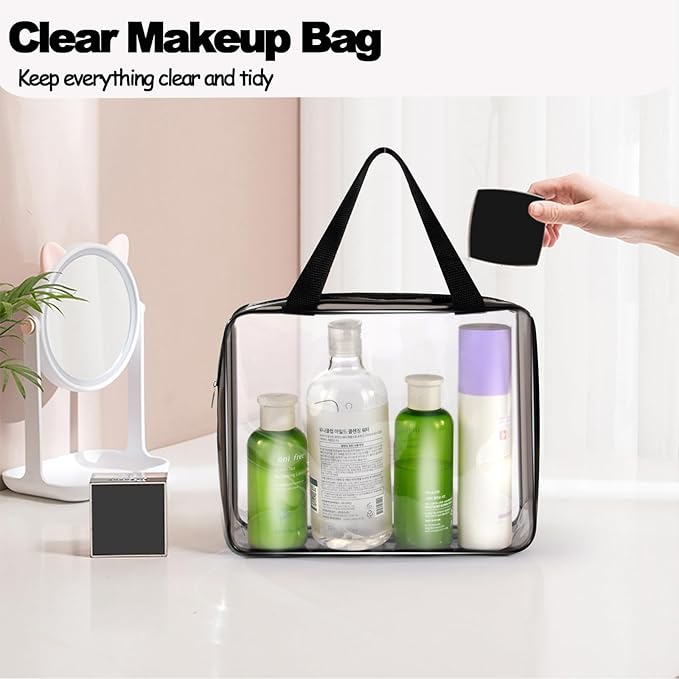 3Pcs Crystal Clear PVC Travel Toiletry Bag Kit for Women Men, Waterproof Vinyl Organizer Clear Makeup Bags with Zipper Handle Straps, Cosmetic Bag Pouch Carry on Airport Airline Compliant Bag Handbag