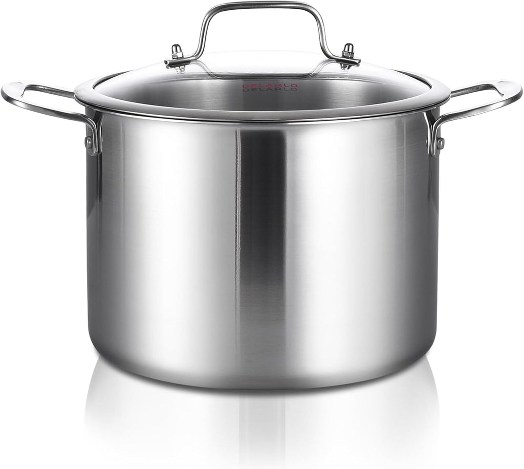 DELARLO Tri-Ply Stainless Steel Soup Pot 12QT, Tri-ply Big Pots for Cooking, 18/10 whole clad Stainless Steel Pot, Fast Even Heat, 12 QT Stock cookware with Lid, Pasta Pot, Induction Ready Up to 600℉