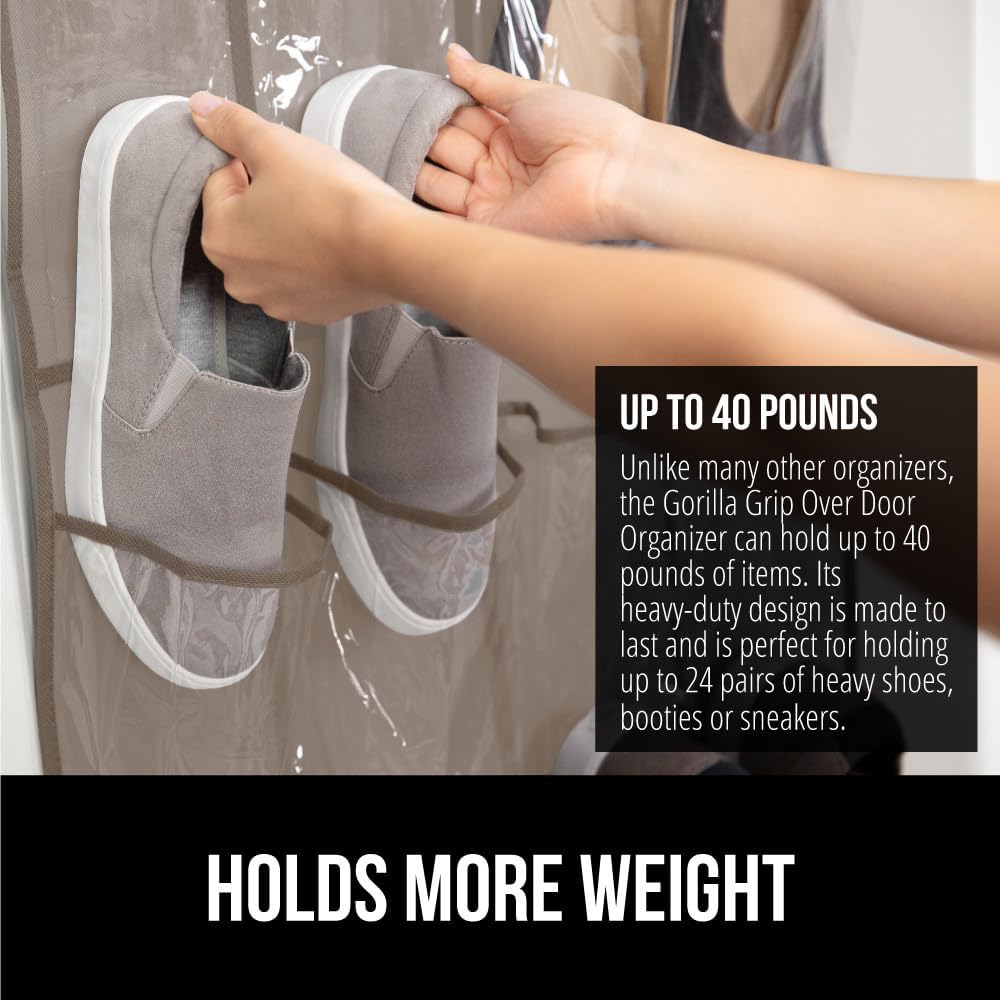 GORILLA GRIP Over the Door Shoe Organizer, 24 Large Breathable PVC Pockets, Space Saving Hanging Storage Holder, Closet Rack Hanger Holds Up to 40 lbs, Hangs on Closets for Shoes 2 Pack, Beige