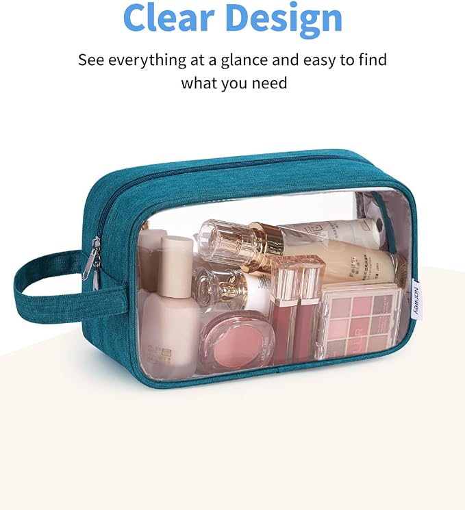 Narwey Clear Travel Toiletry Bags for Traveling Toiletries Men Women, Clear Makeup Bag Cosmetic Bag with Zipper, Make Up Pouch Organizer Bags with Handle, Skincare Bag (Teal)