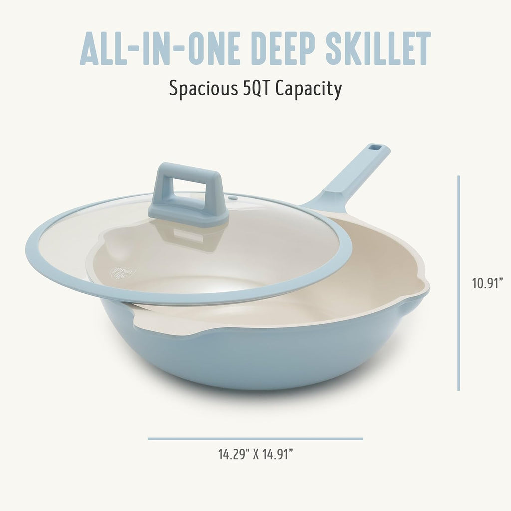 GreenLife Nonstick 12” (5QT) All in One Deep Skillet Wok with Lid, PFAS-Free Non-Toxic Ceramic Multi-Purpose Pan, Induction, All Stovetop, Egg, Stir Fry, Saute, Stay Cool Handle, Blue Haze