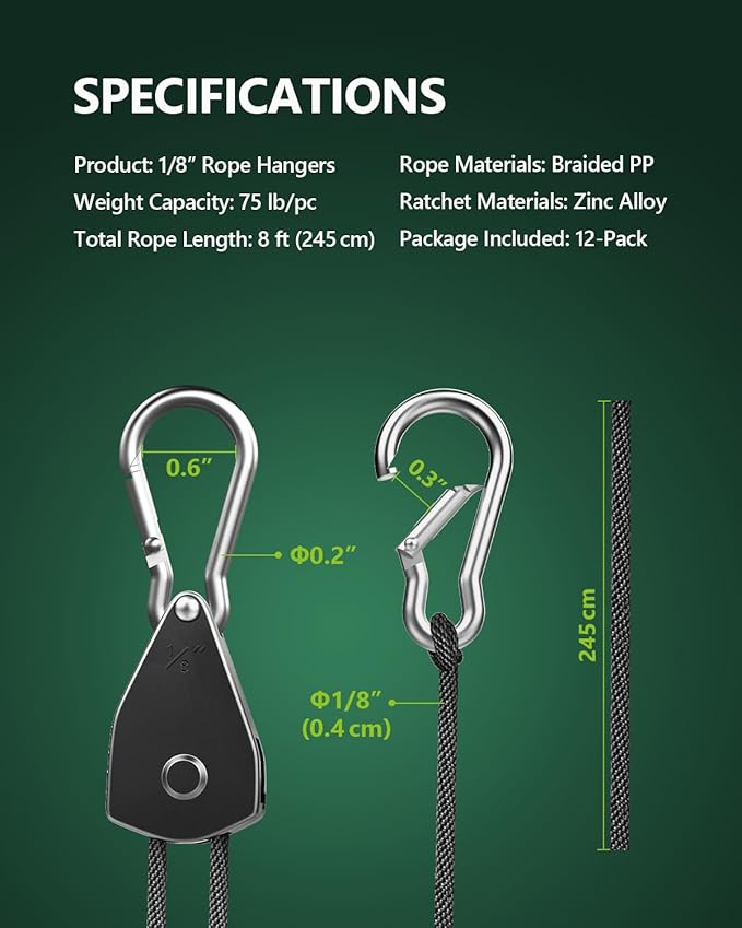 12-Pack 1/8” Adjustable Rope Hanger, Heavy Duty Ratchet Tie Down Strap with Reinforced Metal Gear, Ratcheting Pulley System Bungee Cord for Hanging Plants Grow Light and Various Tie-Down Uses