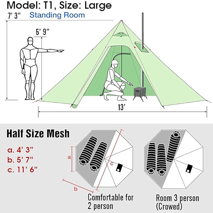 4 Persons 5lb Lightweight Tipi Hot Tents with Stove Jack, 7'3" Standing Room, Teepee Tent for Hunting Family Team Backpacking Camping Hiking