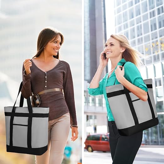 2Pk Insulated Reusable Tote Bag for Grocery Shopping for Women/Men, Pizza/Food Delivery Bag to Keep Food Cold/Hot for Uber Eats/Doordash/Grubub, Cooler bags for Travel/Beach/Picnic, Grey