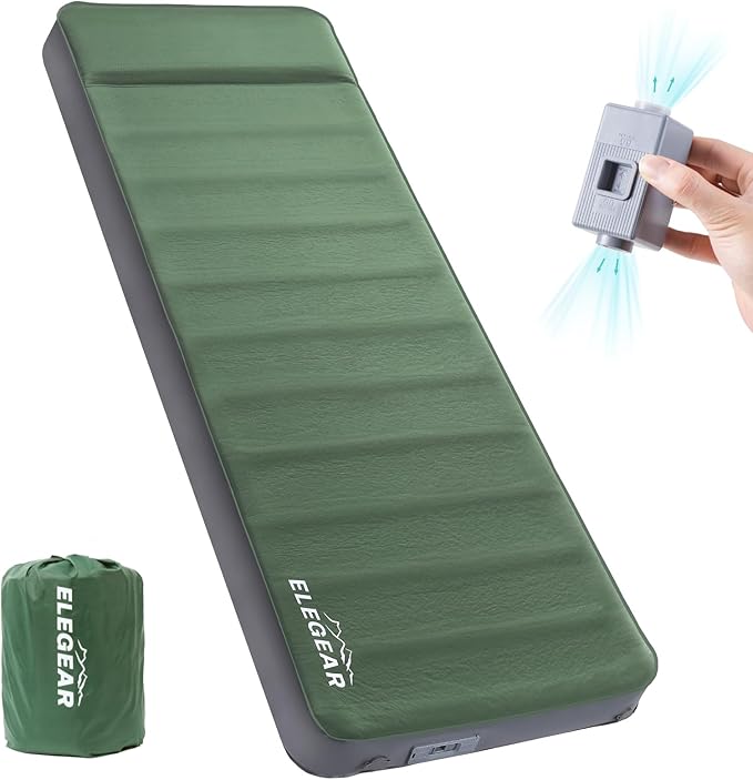 Elegear Air & Foam Self Inflating Sleeping Pad, Built-in Electric Pump 4" Ultra-Thick Memory Foam Camping Mattress with Pillow Camping Pad 4-Season R-Value 9.5 Camp Mat for Car/Traveling - Single