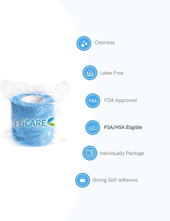 FriCARE Self Adhesive Bandage Wrap, Medical Tape in First Aid Kit, Cohesive Bandages for Wounds Sport Vet, FSA/HSA Eligible, 2 Inches X 5 Yards 6 Rolls, Ocean