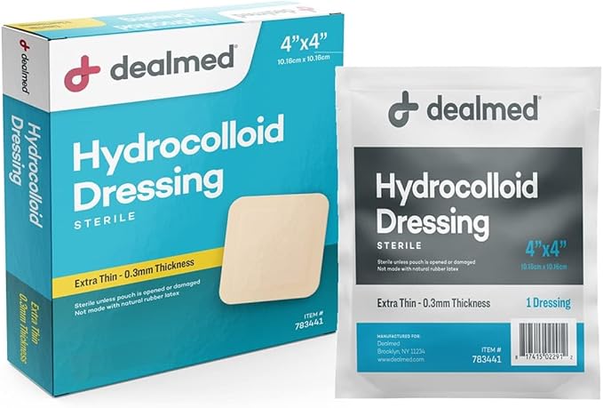 Dealmed Hydrocolloid Dressings – 4” x 4” Extra Thin Hydrocolloid Bandages, Wound Care Products for First Aid Kits, Box of 10, 24 Per Case and Individually Packed