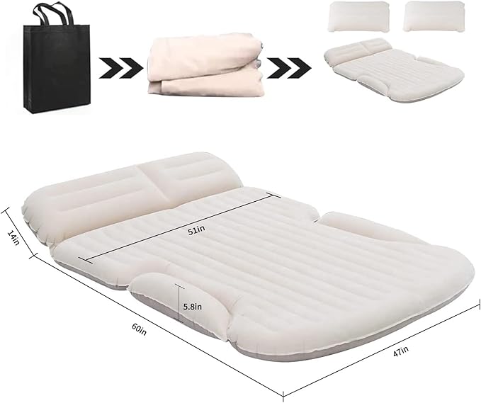 KMZ SUV Air Mattress Thickened and Double-Sided Flocking Travel Camping Bed with 2 Pillows & Electric Pump Dedicated Mobile Cushion Inflatable Bed for SUV Trunk and Rear Seat (Beige and Coffee)