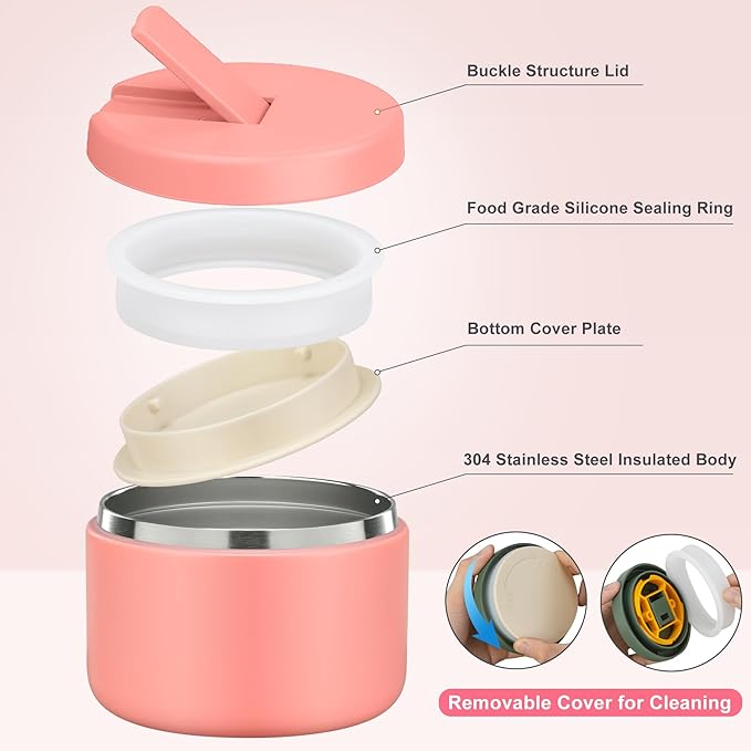12oz Kids Soup Thermo for Hot Food Insulated Vacuum Food Jar with Buckle Lid, Stainless Steel Wide Mouth Leak Proof Lunch Container for School Travel-Pink