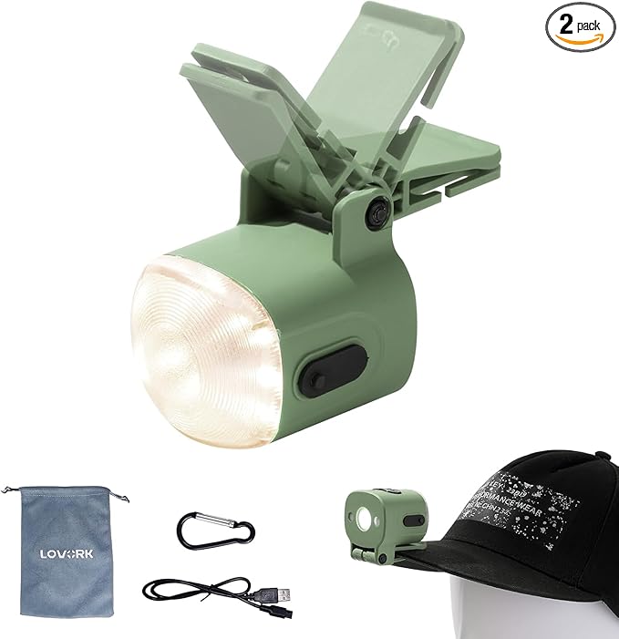 2-Pack Mini Hands Free Rechargeable Hat Light Camping Lanterns Magnetic IPX4 Waterproof Clip on Ultra Light for Emergency, Outdoor, Camping, Fishing, Biking, Night Running (Green)