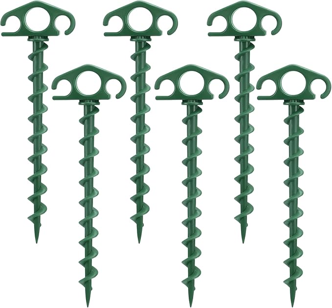 Tent Stakes Sand Stakes for Beach Tent 6 Pack Spiral Anchor Stakes 9.4 Inch Heavy Duty Screw Canopy Stakes for Camping, Hiking and More (6, Green)