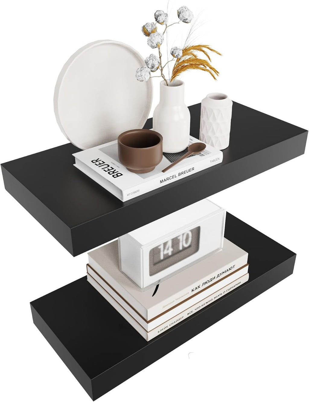 Colima Floating Shelves for Wall Black Wood Shelf for Bedroom, 15 Inch Wall Mounted for Bathroom Living Room Kitchen Office, 1.3" Thick Floating Book Shelves for Wall, Set of 2