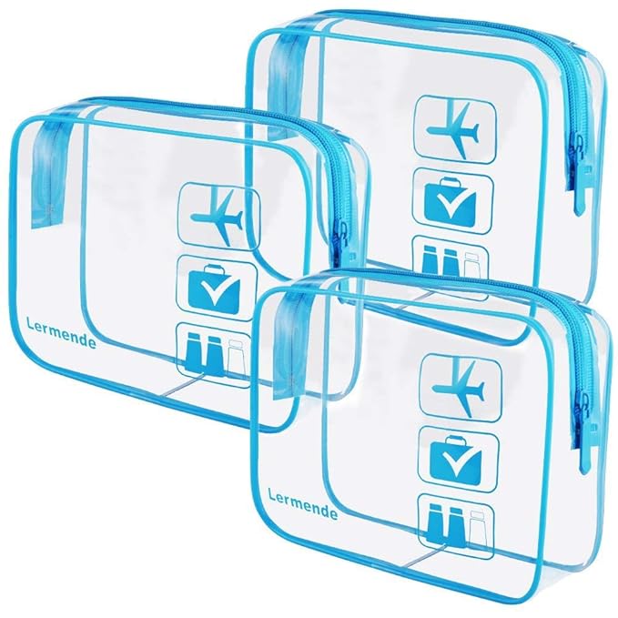 Lermende 2pcs Clear Toiletry Bag TSA Approved Travel Bag,Carry On for Travel,Airport Airline Accessories Compliant Bag,Quart Sized Makeup Cosmetic bag Women Men (Blue, 3 Pack)