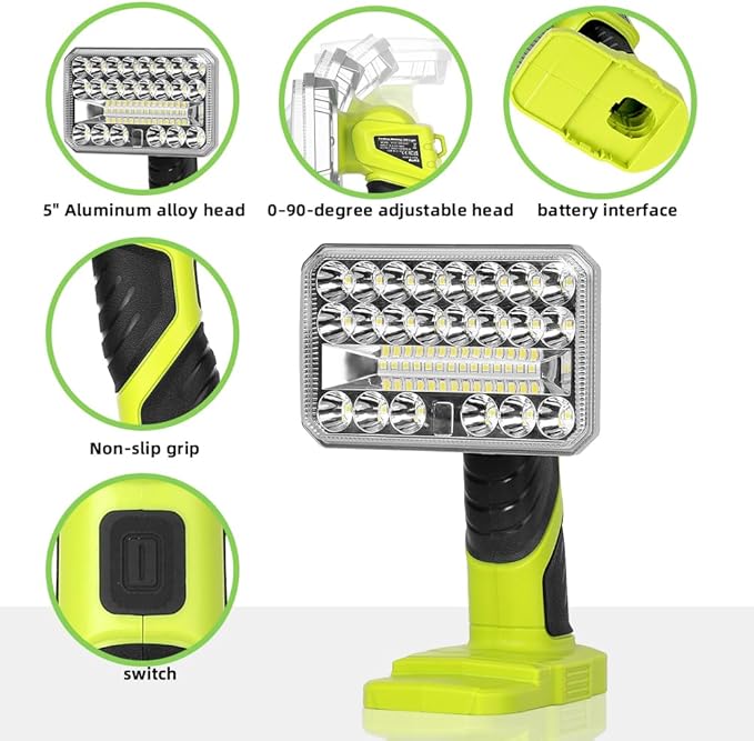Working Light for RYOBI 18V Lithium-ion Battery, 2000LM 18W Flashlight with 3 Brightnesses, Aluminum Alloy Cordless LED Work Light for Camping, Emergency, Indoor, Outdoor...